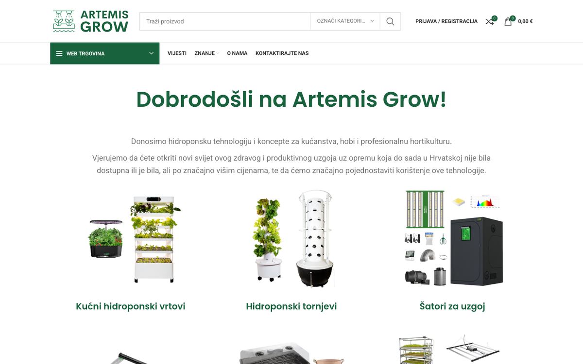 Naslovna stranica web shopa Artemis Grow za hidroponski uzgoj