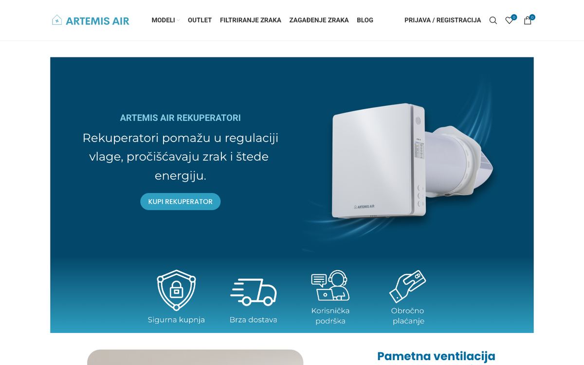 Naslovna stranica web shopa Artemis Air za rekuperatore
